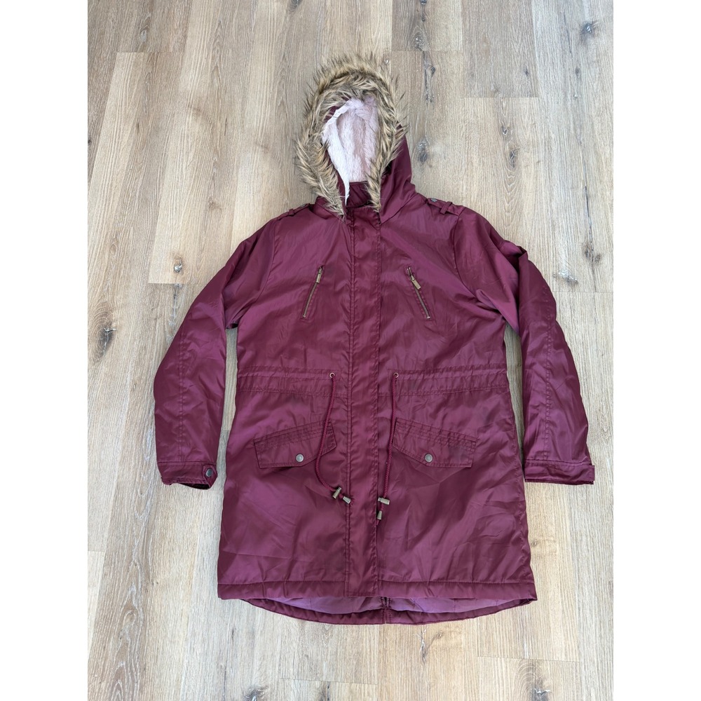 Charlotte Russe Gorpcore Parka Jacket Women XL Burgundy Faux Fur Hood Utility